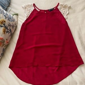 Red Sheer Top with Lace Sleeves